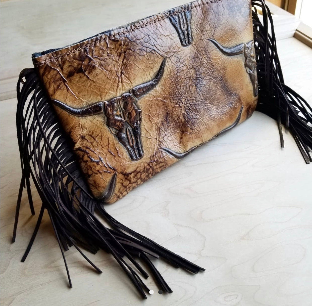 Embossed Tan Steer Head Leather Clutch Handbag - Forever Western Boutique