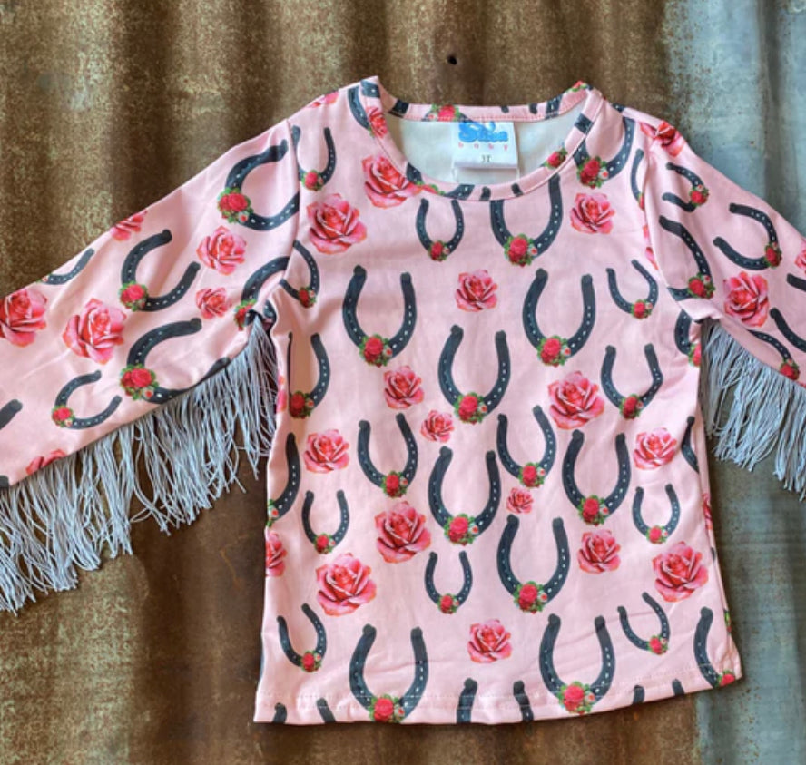Pink Horseshoe Rose Long Sleeve Onesie and Shirt - Forever Western Boutique