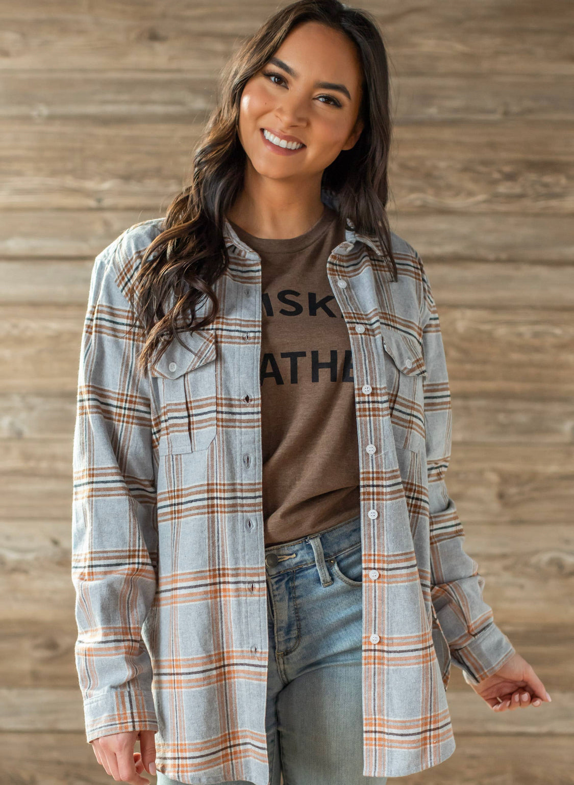 Grey, Camel & White Plaid Flannel - Forever Western Boutique