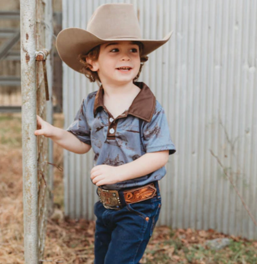 Boys Blue Farm Print Polo - Forever Western Boutique